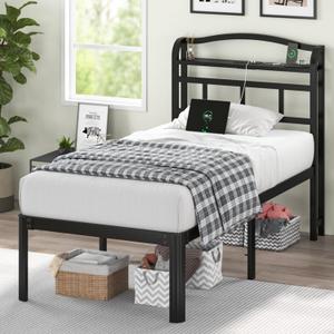 QEROMY Twin Size Bed Frame - Storage Headboard with Charging Station, Easy Assembly, 18 inch Heavy Duty Metal Platform Bed Frame No Box Spring Needed, Black