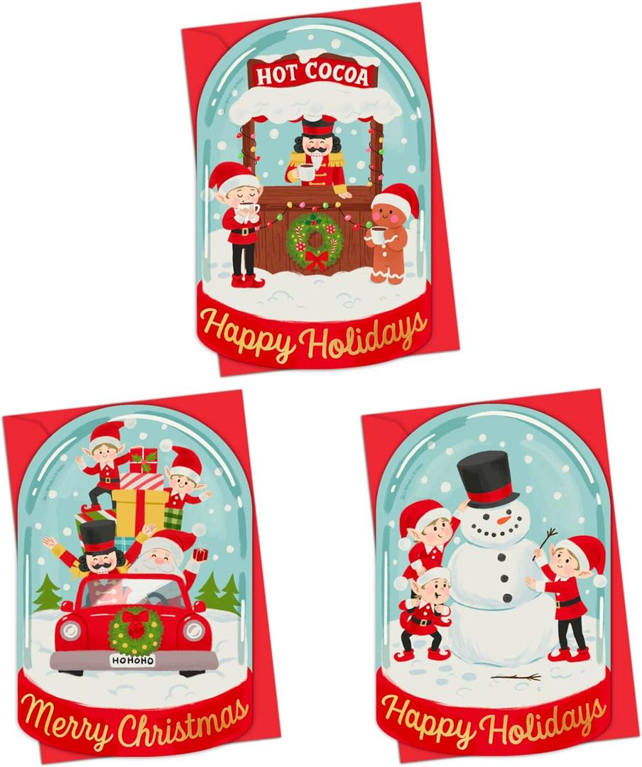 2 x Snow Globe Shaped Christmas Cards With Envelopes - Boxed Set of 24 Featuring 3 Unique Holiday Designs - 4 x 6