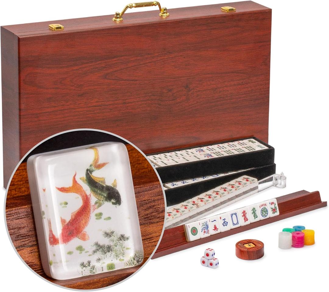 Yellow Mountain Imports American Mahjong Set, Koi Fish with Wooden Case - Four Wooden Racks, Acrylic Pushers, Wright Patterson Scoring Coins, Dice, & Wind Indicator