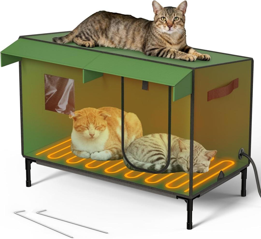 Large Heated Outdoor Cat House for Winter  Waterproof & Insulated Shelter with Soft Heated Pad, Elevated Base & Clear Window  Large Winter Cat House for Stray, Feral, and Barn Cats
