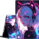 Case for iPad 9th/ 8th/ 7th Gen 2021/ 2020/ 2019 iPad 10.2 Inch Also Fit iPad Air 3th Gen 2019/ iPad Pro 10.5 inch，Standing Cover with Auto Sleep/ Wake， Cat Girl Blue Neon Anime