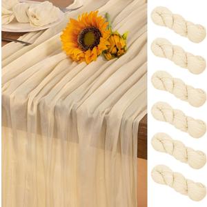 Beige Cheesecloth Table Runner 6 Pack Summer Sheer Cream Cheese Cloth Table Runners 120 Inches Boho Gauze Summer Table Decorations for Wedding Bridal Baby Shower Garden Party Decor