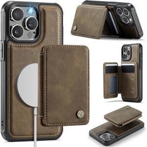 Compatible with Magsafe for iPhone 15 Pro Wallet Case Magnetic Card Holder, RFID Blocking 2 in 1 Detachable Kickstand Shockproof Case for Women Men, Brown