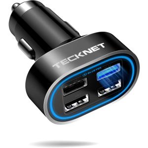 TECKNET USB Car Charger, 54W 4-Port Car USB Charger Multi Port Adapter, QC 3.0 Port Cigarette Lighter Charger, Fast Charging Adapter, Compatible with iPhone 15 Pro Max/15 Plus/15/14/13Dark Black