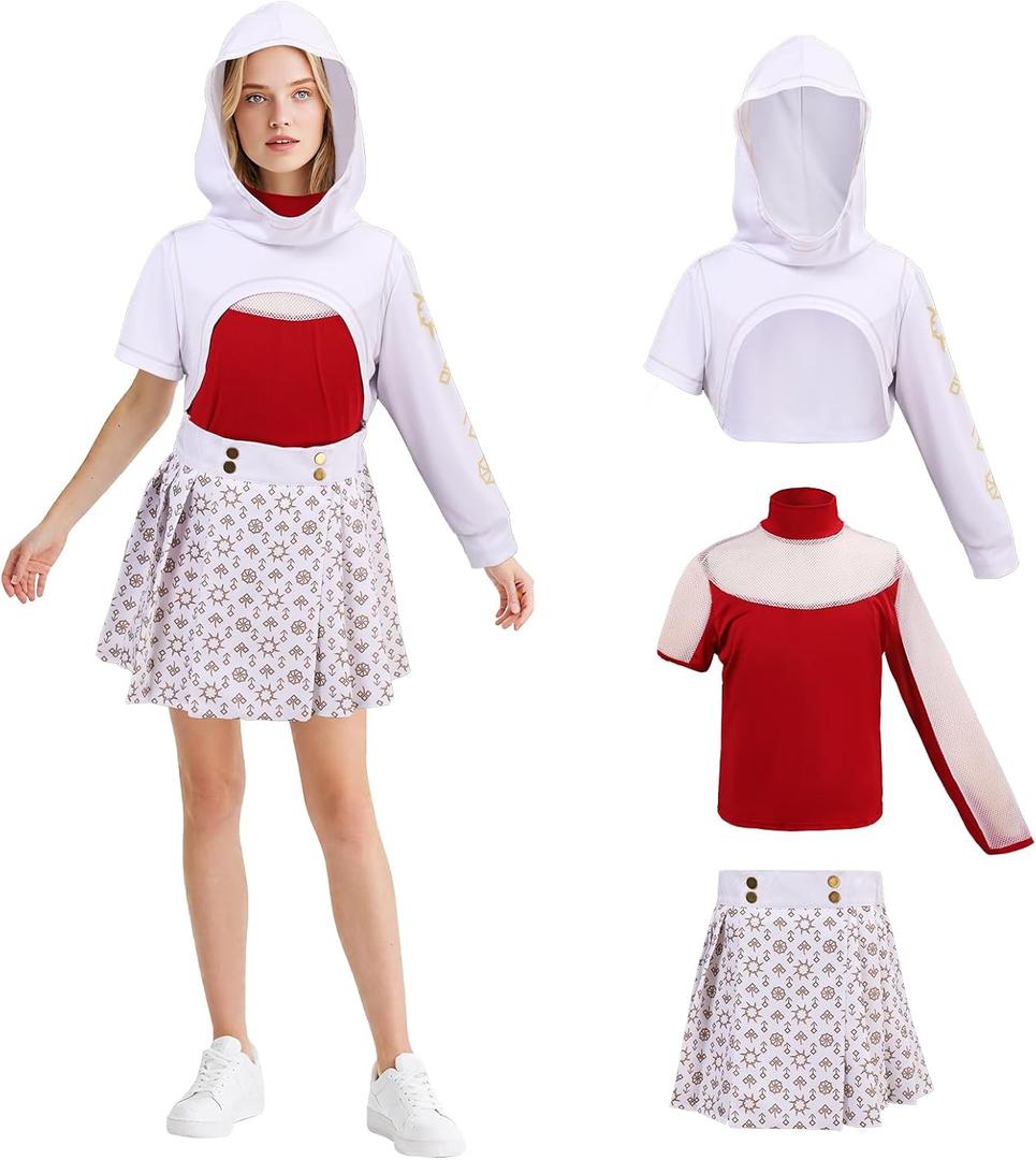 Women Nova Zombies Costume Hooded Coat Top Skirt Pant Halloween Cosplay Outfits Cheerleader for Adults (Medium, Red1)