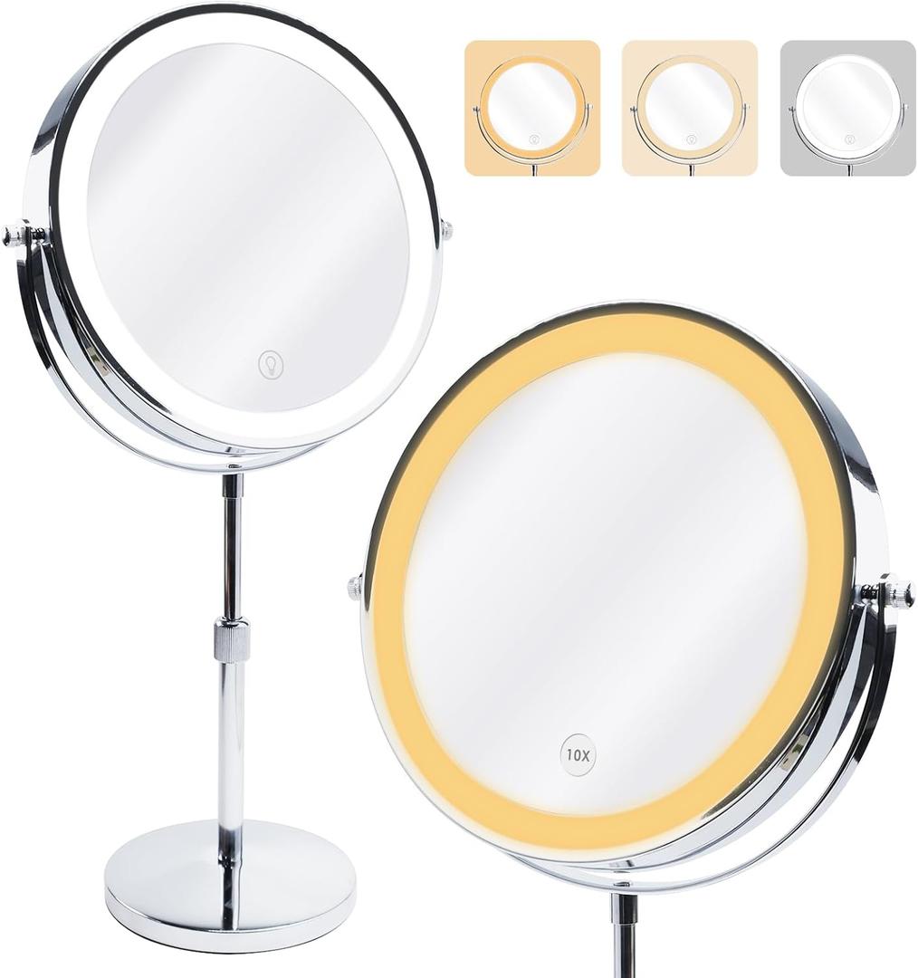 Makeup Mirror with Lights, 9" Large Magnifying Mirror with 1X/10X, 360°Rotation Vanity Mirror, 3 Color Brightness Adjustable Light Up 5000mAh Rechargeable, Double-Sided, Gift for Women