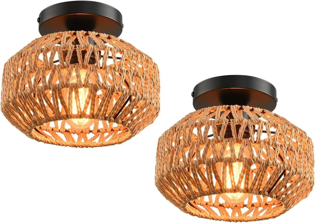 2 Pack Farmhouse Light Fixtures Ceiling Mount,Mini Rattan Boho Semi Flush Mount Ceiling Light,Hand Woven Hallway Light Fixtures for Bedroom Entryway Nursery Study Room