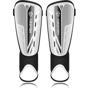 Upgraded Soccer Shin Guards for Kids Youth Adults, CE Certified AirsFish Shin Guard Sleeves Protection Gear for Boys Girls Soccer Games EVA Cushion Reduce Shocks and Injuries (X-Small, White+Black)