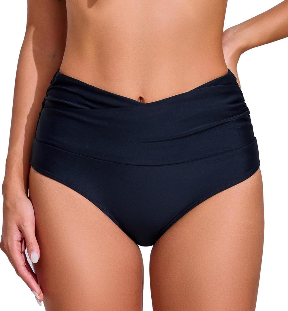COCOPEAR V-Cross High Waisted Bikini Bottoms Tummy Control Full Coverage Bikini Bottoms for Women (X-Large, Black)
