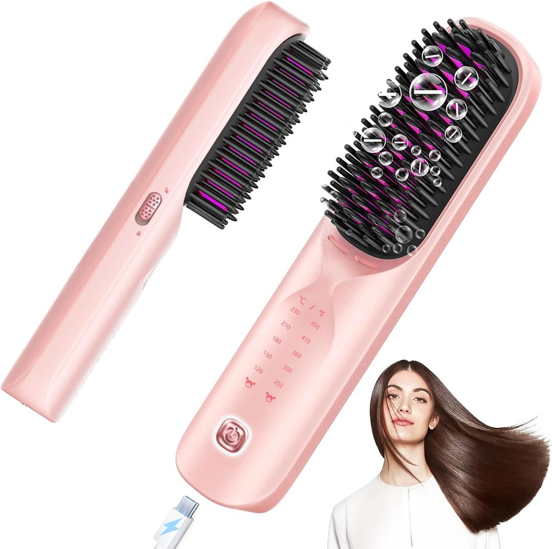 Cordless Hair Straightener Brush - Portable Hair Straightening Brush for Travel - 300M Negative Ions for Frizz-Free Shine, Touch Up On-The-Go, Fast Heating, Gift for Women, 10,000mAh, Powder Pink