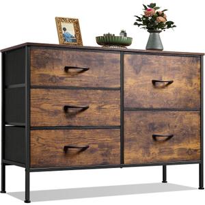 WLIVE Dresser for Bedroom with 5 Drawers, Wide Chest of Drawers for Bedroom, Fabric Dresser for Living Room, Closet, Hallway, Rustic Brown Wood Grain Print