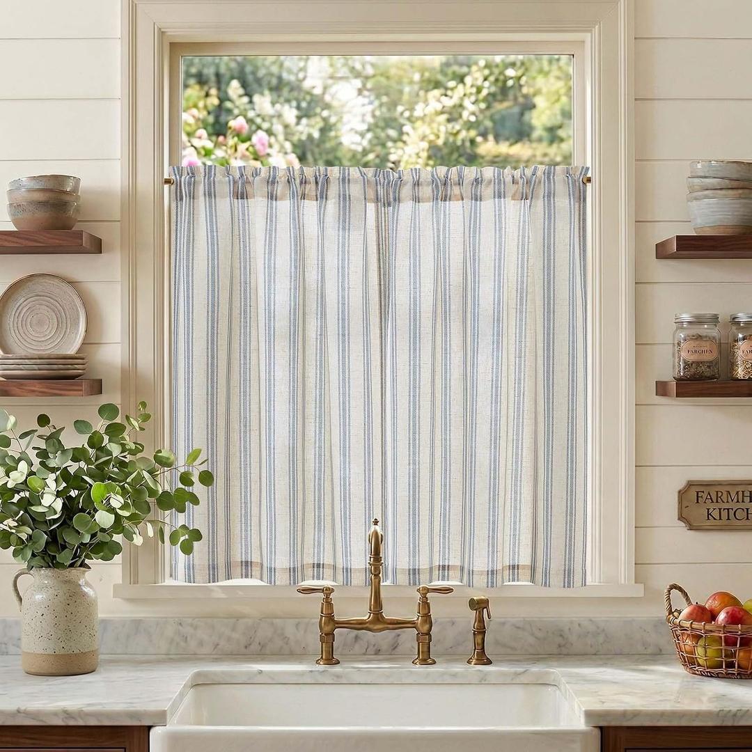 jinchan Striped Linen Kitchen Curtains 36 Inch Cafe Tier Curtains Balanced Stripe Farmhouse Small Drapes for Bathroom Laundry Over Sink Half Window Light Filtering 2 Panels Blue on Linen