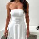 Women Sexy Tube Top Silk Dress Strapless Ruched Basque Waist Ruffle Layer Mini Dress Jumpsuit Party Dresses (White, M)