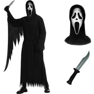 Scream Costume for Adult with Mask and Knife Prop,Men Women Halloween Cosplay Dress-up PartyWhite Mask 01