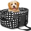 Portable Dog & Cat Car Seat - Under 13 lbs, With Cozy Bow Neck Pillow (Grid-Black)