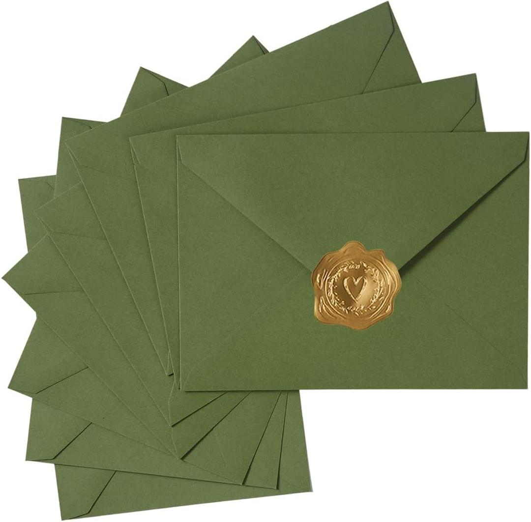 50 Pack A7 Colorful 5x7 Envelopes V Flap Invitation Envelopes for 5x7 Cards, Birthday, Weddings, Graduations, Greeting Cards, Baby Shower 5.24 x 7.24 Inches (Olive Green)