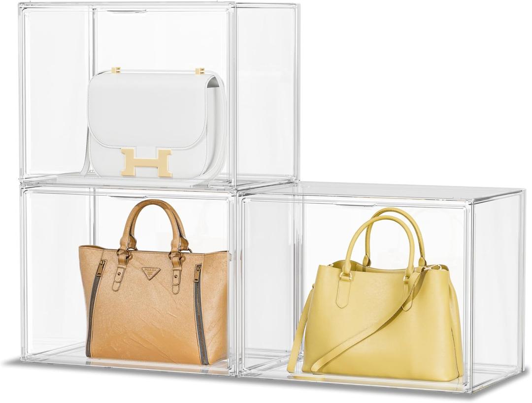 Purse Organizer for Closet, Clear Acrylic Display Case for Handbag Organizer, Stackable Purse Storage Box with Magnetic Door, Plastic Holder Containers for Book, Collectibles, Cosmetic 3 Pack