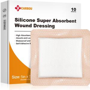 Carbou Silicone Super Absorbent Wound Dressing 5"x 5", 10 Individual Pack, Self-Adhesive Waterproof Bandage, Soft Highly Absorbent Dressing for Wound Care, Burns, Bedsores, Traumas & Surgical Wounds