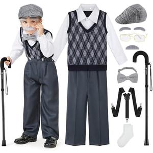 FancyFun 9 Pcs 100 Days of School Costume for Boys Old Man Costume for Kids Grandpa Dress Up Outfits Set, Size: 11-13Years