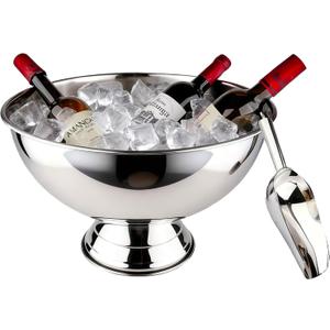 Large Ice Bucket 13L Stainless Steel Champagne Bowl Ice Bucket with Ice Scoop Semicircle Drink Tub with Integrated Base Silver Beverage Tub for Parties, Cocktail Bar, Chilling Wine (1 Pack-Silver)