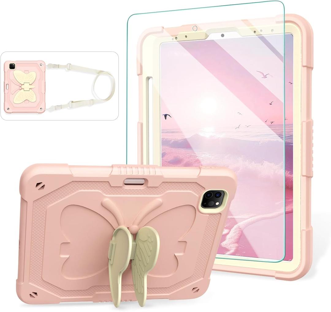 for iPad Air 5th Generation Case iPad Pro 11 inch Case 4th 3rd for Kids Girls with Screen Protector, Butterfly Kickstand, Shoulder Strap, Pencil Holder Cover for iPad Air 4th Gen 10.9'' Pink