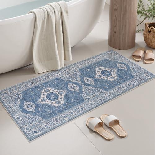 Seavish Vintage Blue Bathroom Runner Rug, 20x47 Inch Boho Farmhouse Distressed Soft and Absorbent Bath Mat, Non Slip Washable Large Bathroom Rugs for Sink Vanity Tub Laundry Room