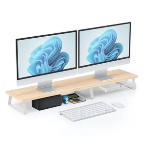 Large Dual Monitor Stand Riser - Monitor Stand for 2 Monitors, Wooden Computer Stand For Desk with Metal Legs, Desk Organizers and Storage With Drawer, Desk Shelf for Computer/Laptop/Printer/TV, Oak