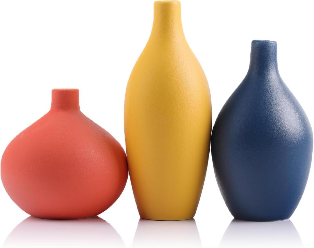 Colorful Ceramic Vase Set, Small Burnt Orange Blue Yellow Vases Home Decor,Fall Dcor Modern Farmhouse Vases for Home Decor, Organic Decor Accents for Living Room, Table, Shelf, Entryway,Set of 3