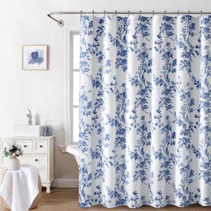 Awellife Blue Shower Curtain,Cotton Floral Cottagecore Spring Shower Curtain for Bathroom 72" W x 72" L