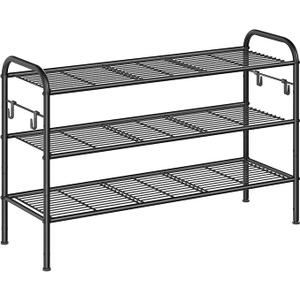 SONGMICS Shoe Rack, 3Tier Shoe Organizer, Metal Shoe Shelf Storage with 4 Side Hooks, Holds 16 Pairs of Shoes, HeightAdjustable Shoe Rack for Entryway, Hallway, Closet, Ink Black ULMR138B01