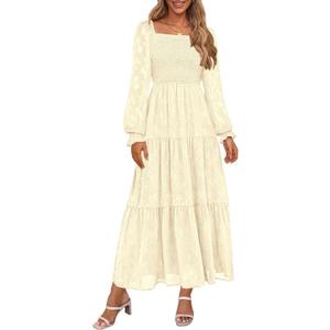 PRETTYGARDEN Wedding Guest Dresses for Women Floral Long Sleeve Smocked Tiered Elegant Long Flowy Boho Dress (Beige,XX-Large) (Beige, XXL)