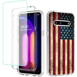 Case for LG V60 ThinQ 5G Case/LG V60/LM-V600 Case with Tempered Glass Screen Protector, Full Body Cute Floral Bumper Shockproof Protective Phone Case Cover for LG V60 ThinQ (Flag)