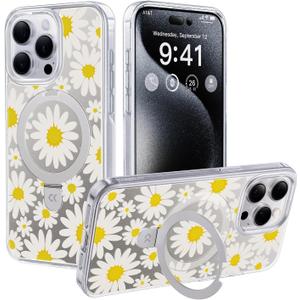 CASEKOO Floral Series Mirror Daisy for iPhone 15 Pro Max Case with Magnetic Ring Stand [Compatible with MagSafe] [Military-Grade Protection] Glitter Back Design, Soft Edge, for Women