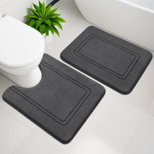 YIHOUSE Memory Foam Bath Mat Set, Bathroom Rugs Sets 2 Pieces, Non Slip Bath Mats for Bathroom, Super Soft and Water Absorbent Bath Rug Set, Machine Washable U Shape Toilet Rug,Dark Grey