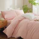 Striped Duvet Cover Set Queen Size 3 Pcs Breathable Durable 100% Washed Cotton Comforter Cover for All Seasons Chic Linen Like Textured Bedding Set (Pink White Pinstripes, Queen)