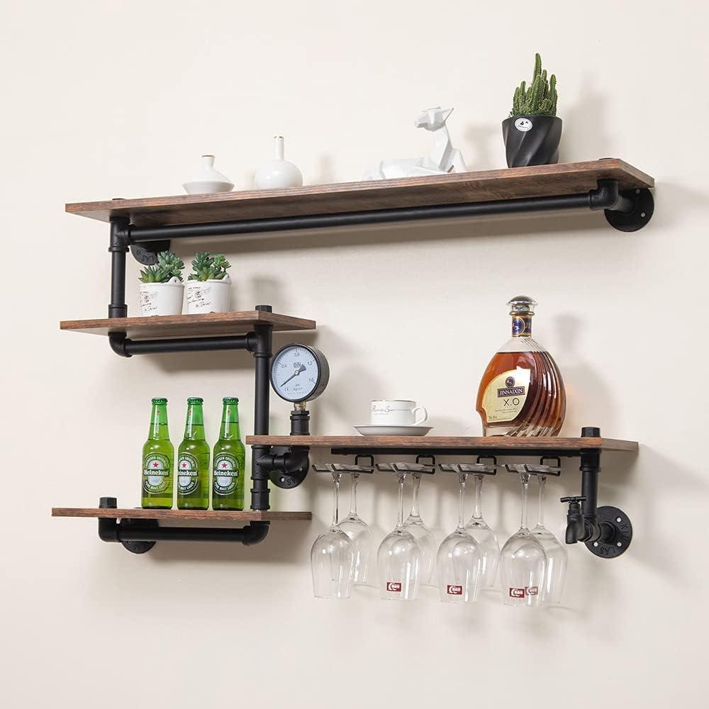 Industrial Pipe Shelves Rack Wall Mounted with 4 Stem Glass Holder,Bar Shelves 39in Metal Hanging Rack, Rustic Floating Pipe Shelf, Living Room Kitchen Decor Display Rack (Black)