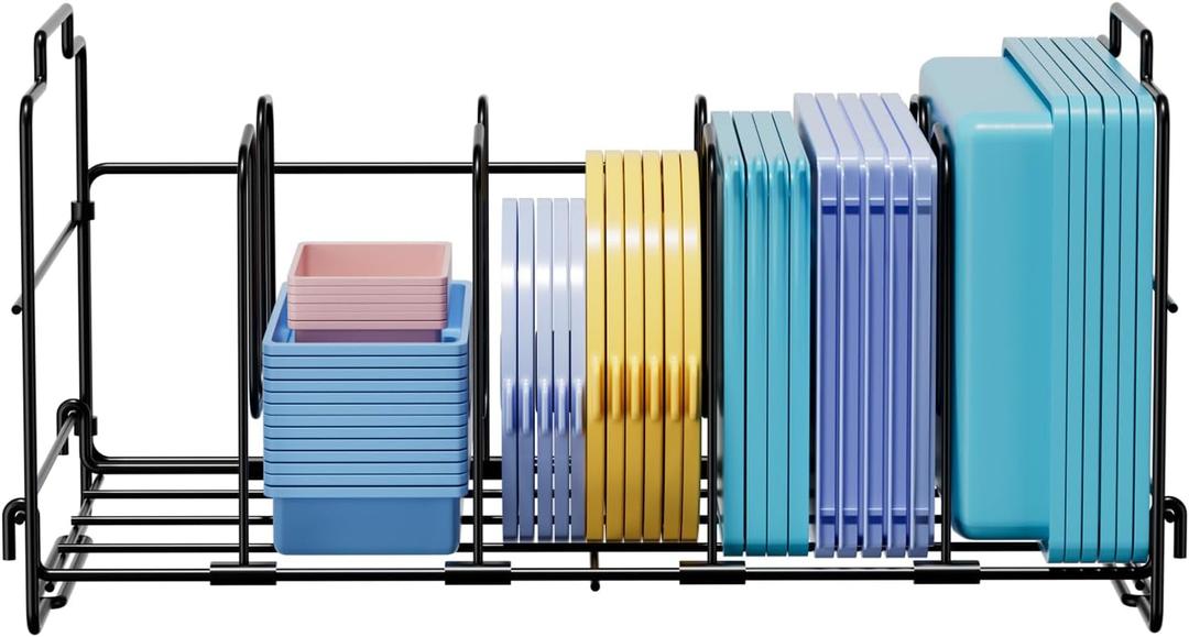 Food Container Lid Organizer, Large Capacity Adjustable 4 Dividers Detachable Lid Organizer Rack for Kitchen Cabinets, Drawers, Plastic Lid Organizer For Pantry Shelves, Cupboards, Black (1-Tier)