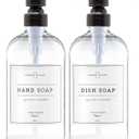 Vine Creations Clear Glass Soap Dispenser, 2 Pack Kitchen Soap Dispenser Set with Stainless Steel Pump, 16 oz Dish Soap and Hand Soap Dispensers for Bathroom with Waterproof Labels (Clear Bottle / Round Oil Rubbed Bronze Pump)