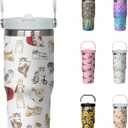 30oz Cat Tumbler with Handle and Flip Straw, Stainless Steel Insulated Cup, Travel Coffee Mug Water Bottle, Birthday Mothers Day Chritmas Gifts for Women Animal Lovers