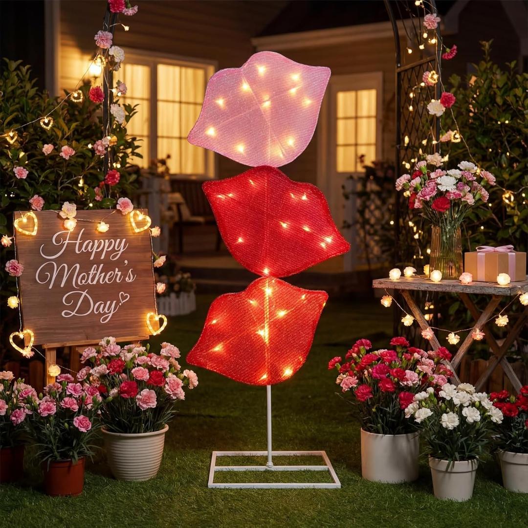 Zonon Valentines Day Lighted Decorations Yard Signs, 42 Inch Red Lips Lawn Decorations Outdoor Valentines Decor for Valentine's Day Wedding Anniversary Indoor Outdoor Lawn Backyard Garden Decor