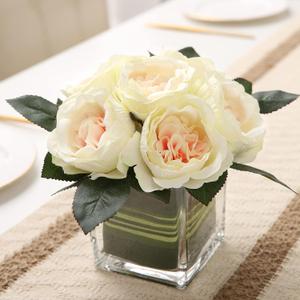 Artificial Peony Silk Flower Centerpieces Faux Floral Arrangement in Glass Vase for Home Wedding Table Decoration (Champagne)