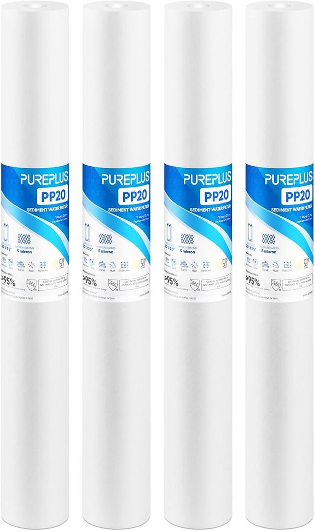 PUREPLUS 5 Micron 20" x 2.5" Whole House Sediment Home Water Filter, 20-inch Sediment Pre-Filtration, Replacement Cartridge Aqua Pure AP110-2C, Pentek P1-20/SP-P1-20/PX01-20, Watts FPMB5-20, 4Pack