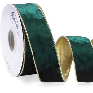 Ribbli Forest Green Velvet Wired Ribbon 1.5 Inch Metallic Green Gold Crushed Velvet Christmas Ribbon for Gift Wrapping Christmas Tree Decoration Crafts Wreaths Supplies-Continuous 10 Yards