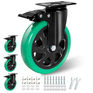 6 Inch Caster Wheels, Locking Casters Set of 4 Heavy Duty, Silent Top Plate Swivel Caster with Brake, Polyurethane Green Castor Wheels for Furniture and Workbench Cart