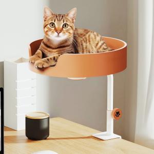 Clioran Cat Desk Bed Large Perch Nest with Teaser Easy Install,Space Saving Mount Design,Sturdy Frame,Removable Cushion,Clamp Desktop Attachment Hammock for Home Office,Side Table(White and Coffee)