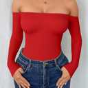 HYZ Women's Sexy Off The Shoulder Long Sleeve Backless Basic Going Out Thong Bodysuit Tops (Red)