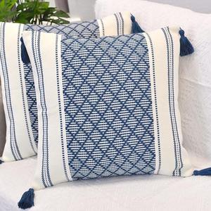 Oveesha Boho Throw Pillow Covers with Tassels Navy Blue 20x20 inches Set of 2 Checkered Geometric Pattern/Decorative Square Pillow Covers for Couch Sofa Indoor Outdoor/Farmhouse Accent Pillow Cases