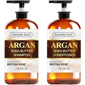 Essentially KateS Argan Shea Butter Shampoo and Conditioner Infused with Rose Extract 16 Fl Oz Set, Pack of 2 - Long Lasting Moisturizing Effect - Curly and Wavy Hair