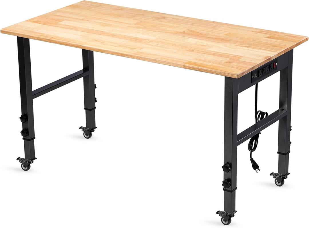 48" Height Adjustable Workbench, 2000 LBS Load Capacity Rubber Wood Top Workstation, Heavy-Duty Hardwood Worktable for Garage Workshop (with Wheels and Socket,48'')