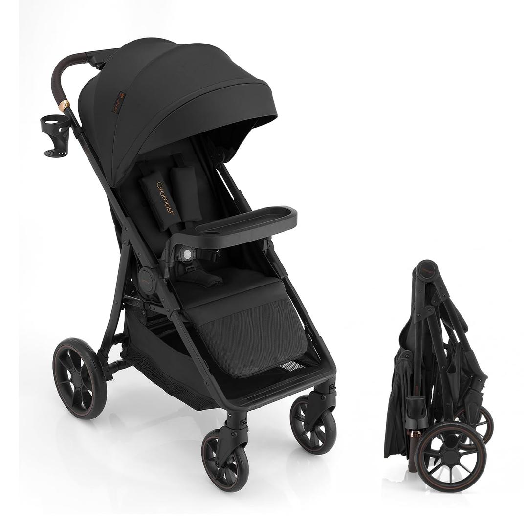 Gromast Baby Stroller with Detachable Snack Tray, Oversized Seat for Newborn to 4 Years, One-Hand Fold Travel Stroller w/Big Wheels, Adjustable Backrest, UPF 50+ Canopy & Cup Holder - Black